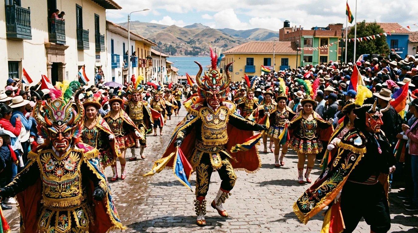 Danzantes con trajes de luces en la Festividad de la Virgen de la Candelaria en Puno, Perú