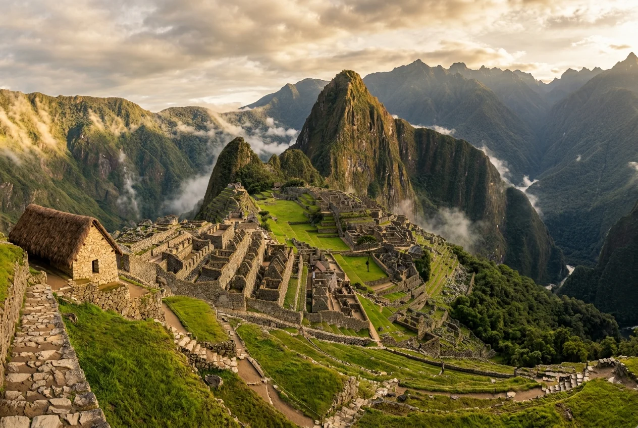 Circuito 1 Panorámico de Machu Picchu: vista desde la Casa del Guardián con Huayna Picchu al fondo al amanecer