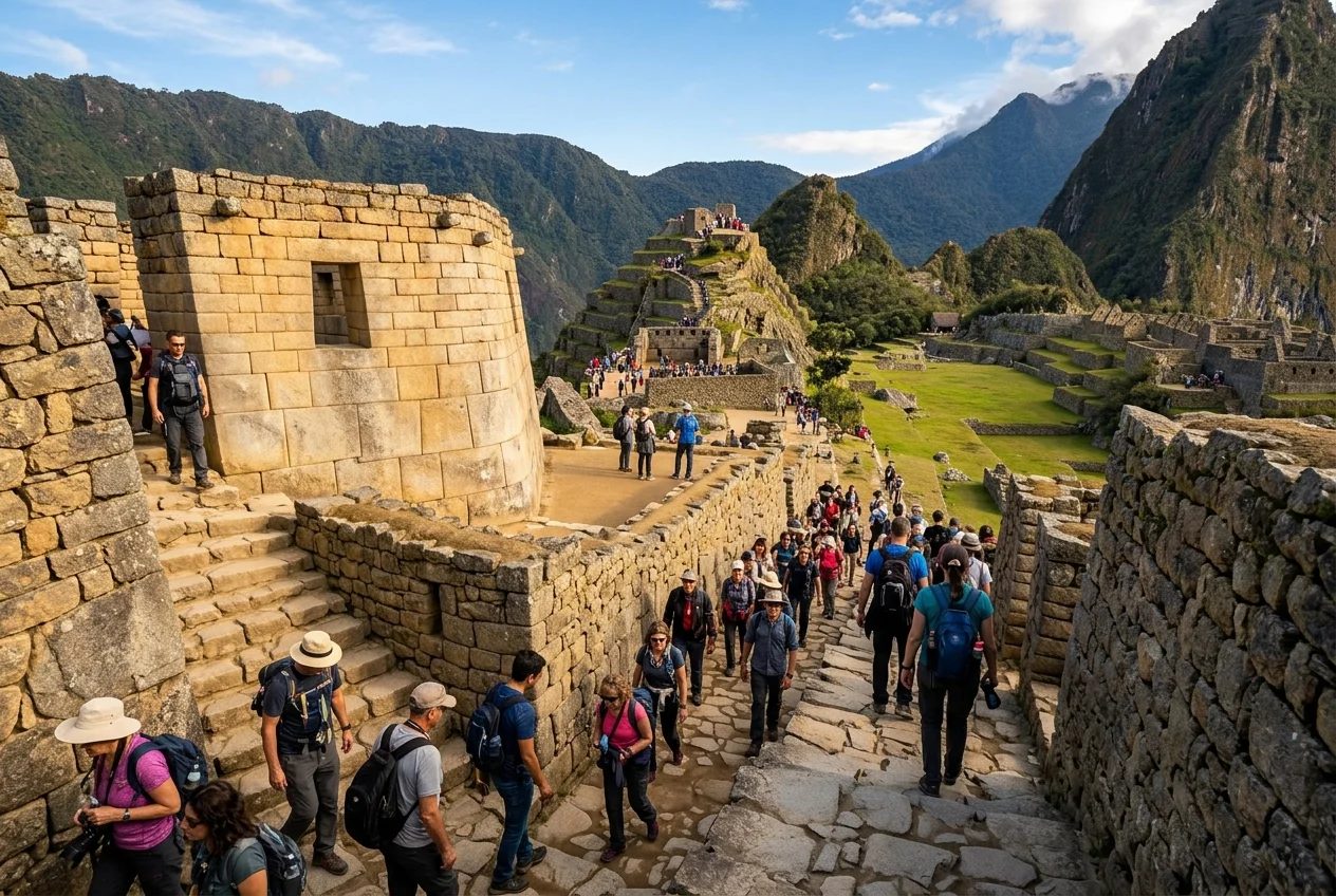 Circuito 2 Clásico de Machu Picchu: visitantes recorriendo los templos y la Plaza Sagrada de la ciudadela inca