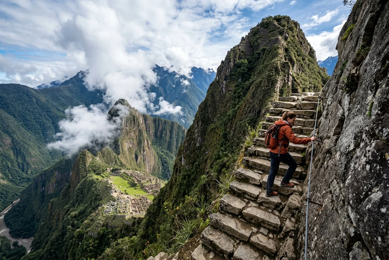 Circuito 3 Realeza de Machu Picchu: escalera empinada hacia la cima de Huayna Picchu con la ciudadela al fondo