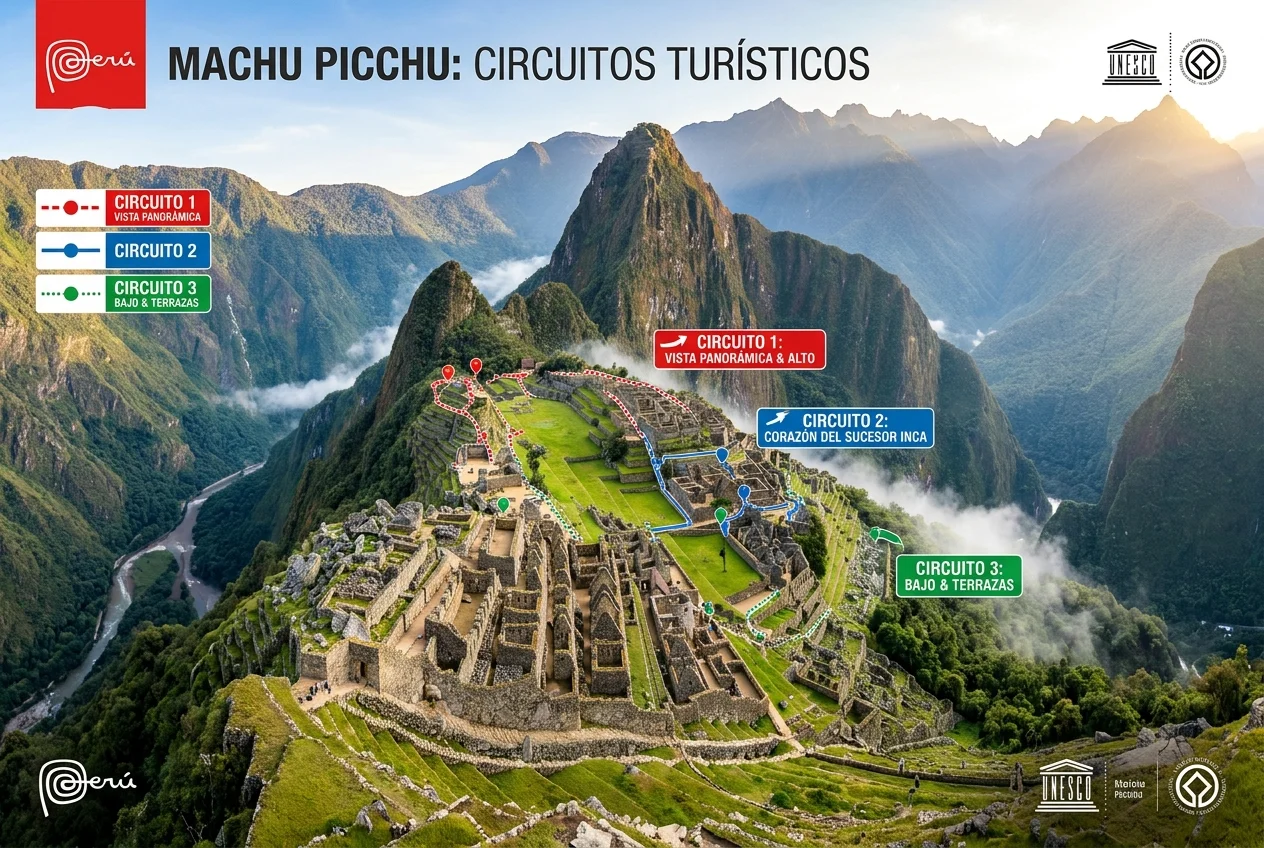 Mapa de los circuitos de Machu Picchu 2027: Circuito 1 Panorámico, Circuito 2 Clásico y Circuito 3 Realeza sobre vista aérea de la ciudadela inca