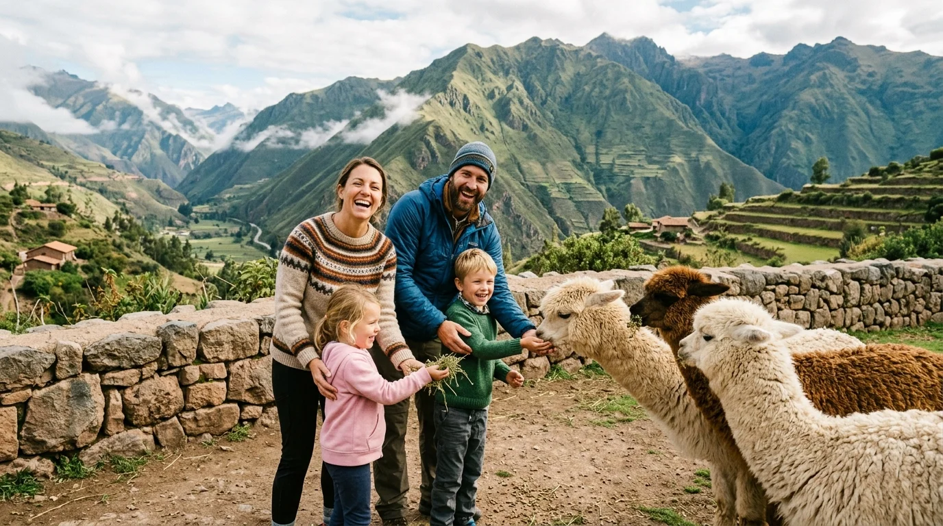Familia con niños disfrutando de un viaje cultural en el Valle Sagrado y Machu Picchu, Perú