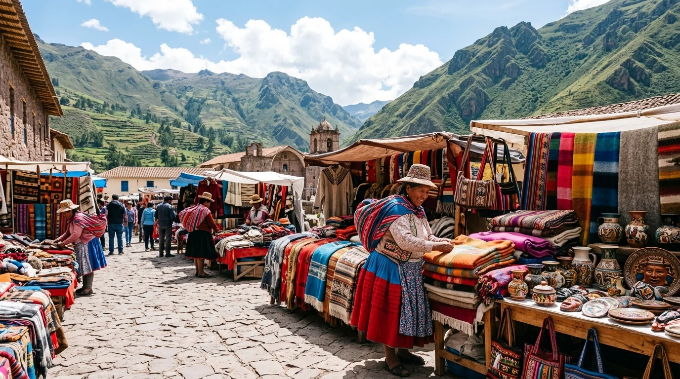 Mercado artesanal de Pisac en la plaza principal del Valle Sagrado, Cusco