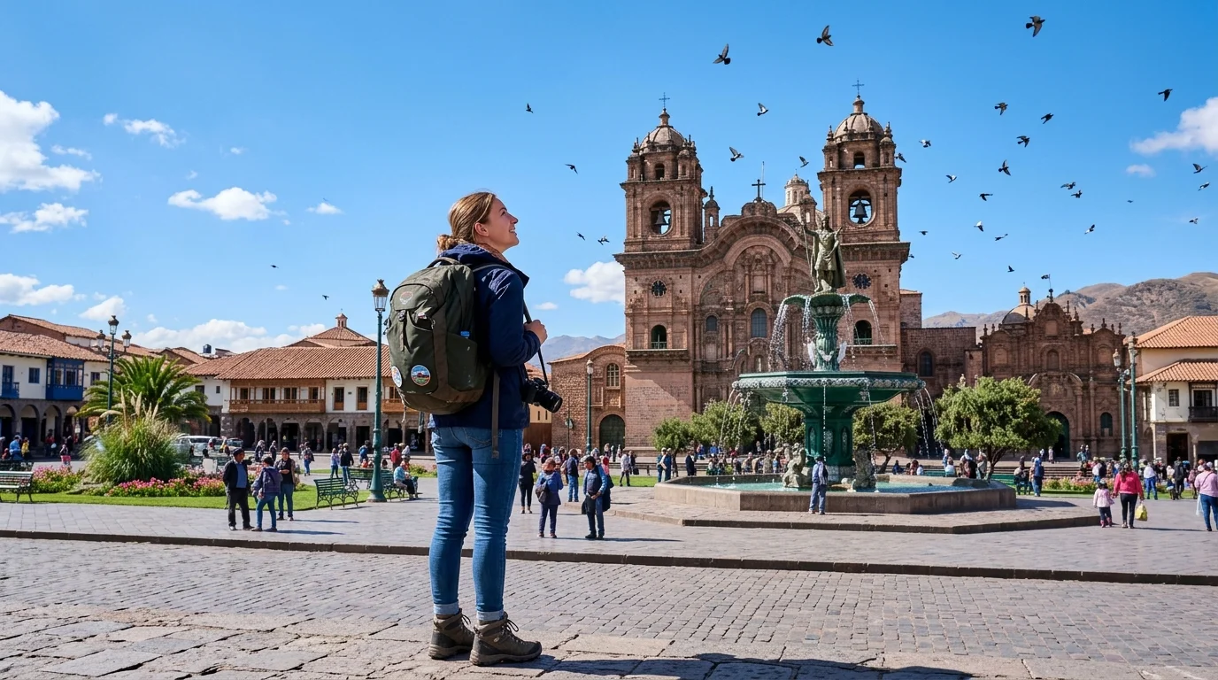 Viajero mirando la Plaza de Armas de Cusco por primera vez con la Catedral de fondo