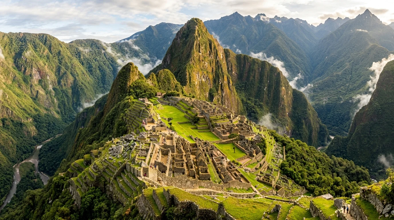 Qué ver en Machu Picchu: vista de los templos y la Casa del Guardián con Huayna Picchu de fondo