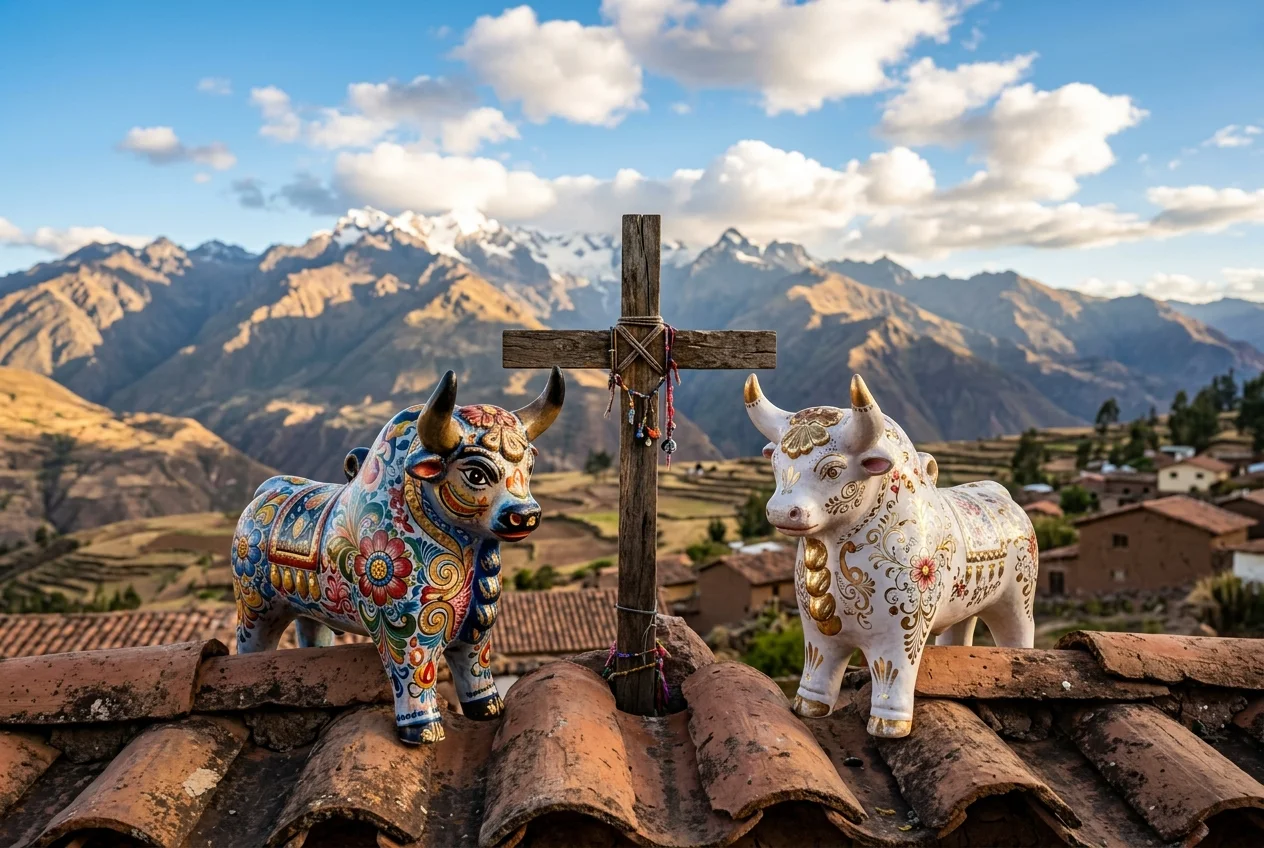 Pareja de Toritos de Pucará en el tejado de una casa andina con vista a las montañas, símbolo de buena suerte y protección en Perú