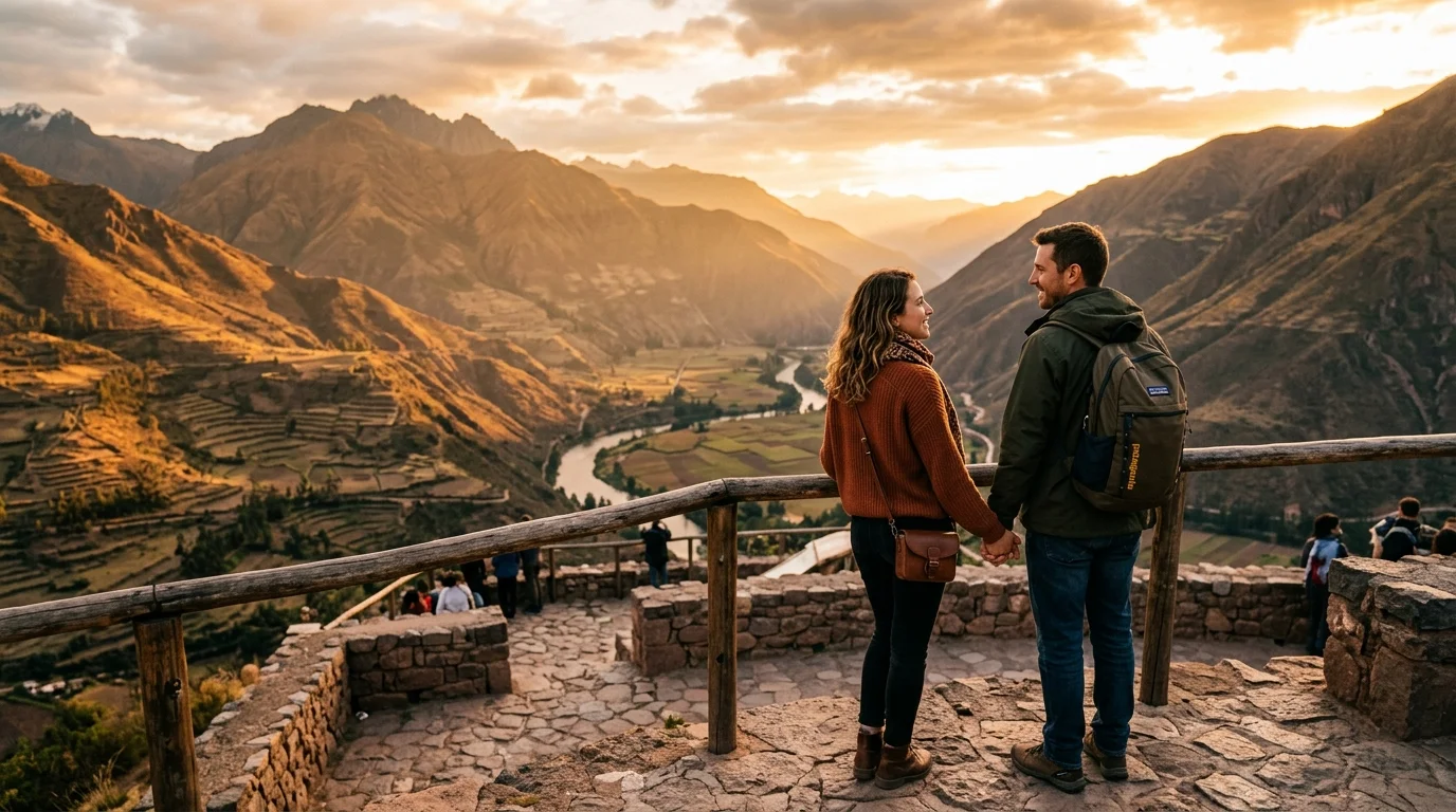 Pareja de viajeros contemplando el atardecer en el Valle Sagrado y Machu Picchu, Perú
